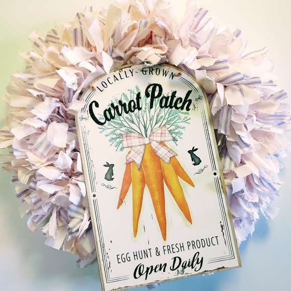 Hand Crafted Easter Fabric Rag Wreath, Pink & Purple, Carrot Patch Sign, 18" - Picture 1 of 11